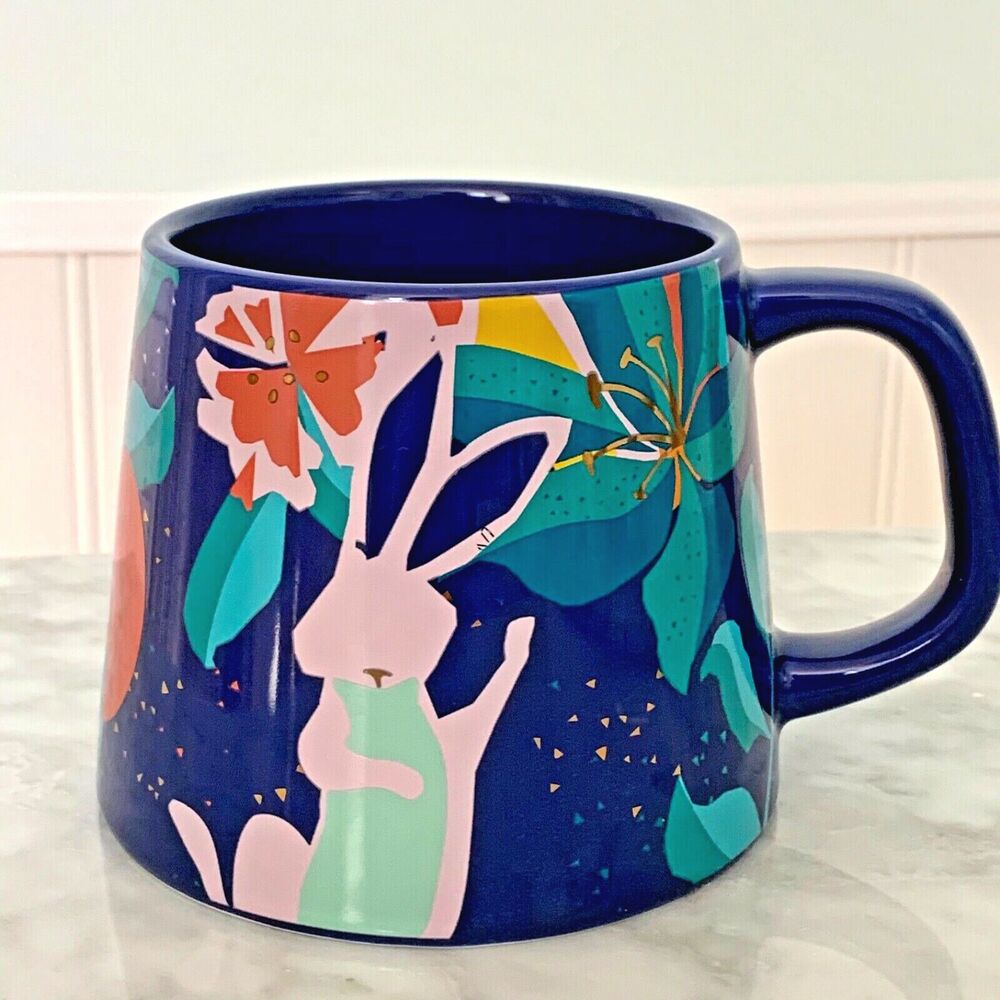 Starbucks Coffee Mug 2021 Spring Bunny Rabbit Easter Blue Wide Bottom